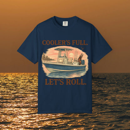 Men's & Women's Durable Cotton Full Tee with 'Cooler's Full. Let's Roll.' statement, in navy color, perfect for casual wear and adventure lovers.