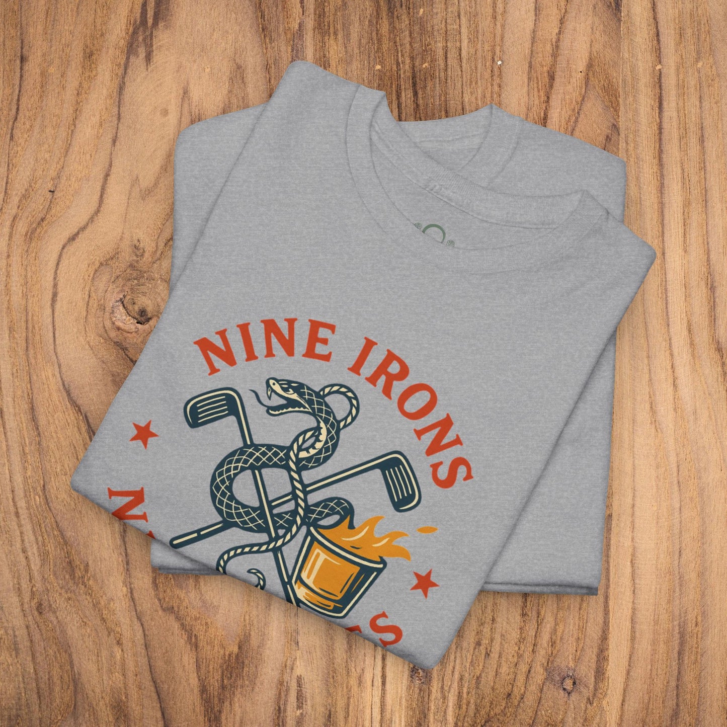 Golf-Themed 100% Cotton T-Shirt in gray, featuring a playful design with crossed golf clubs and a snake, perfect casual wear for golf lovers and a great gift for dads.
