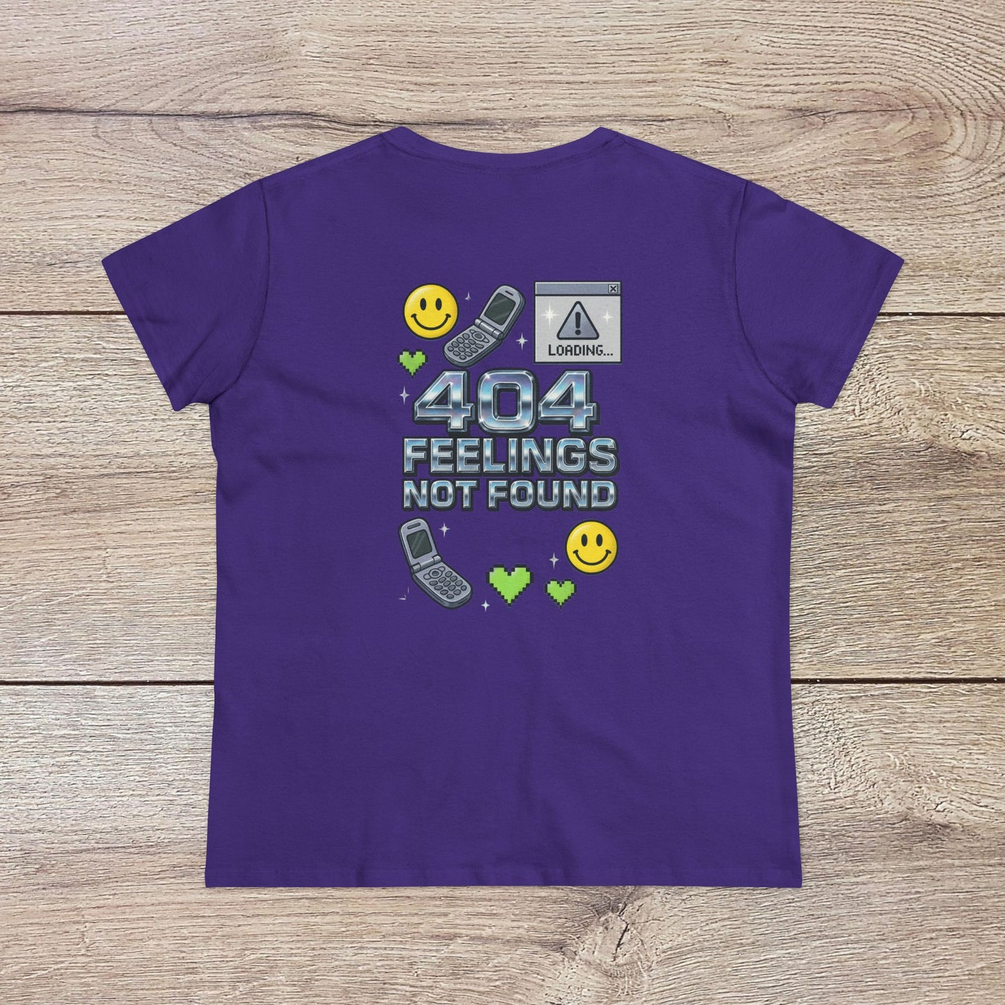 404 Y2K Graphic T-Shirt in purple, embellished with '404 FEELINGS NOT FOUND' text and fun graphics, perfect for making a bold fashion statement.
