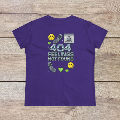 404 Y2K Graphic T-Shirt in purple, embellished with '404 FEELINGS NOT FOUND' text and fun graphics, perfect for making a bold fashion statement.