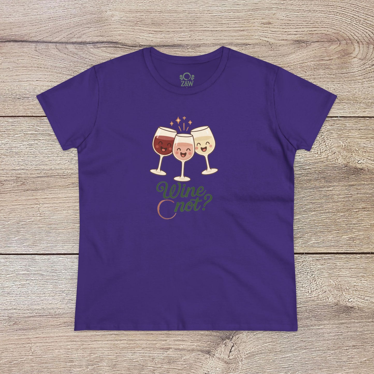Wine Not Tee in rich purple displaying three smiling wine glasses. Crafted from 100% ring-spun cotton, featuring a durable ribbed collar.