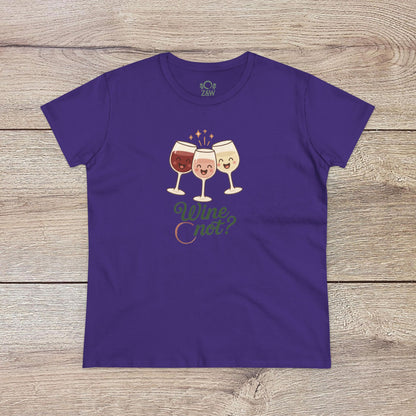 Wine Not Tee in rich purple displaying three smiling wine glasses. Crafted from 100% ring-spun cotton, featuring a durable ribbed collar.