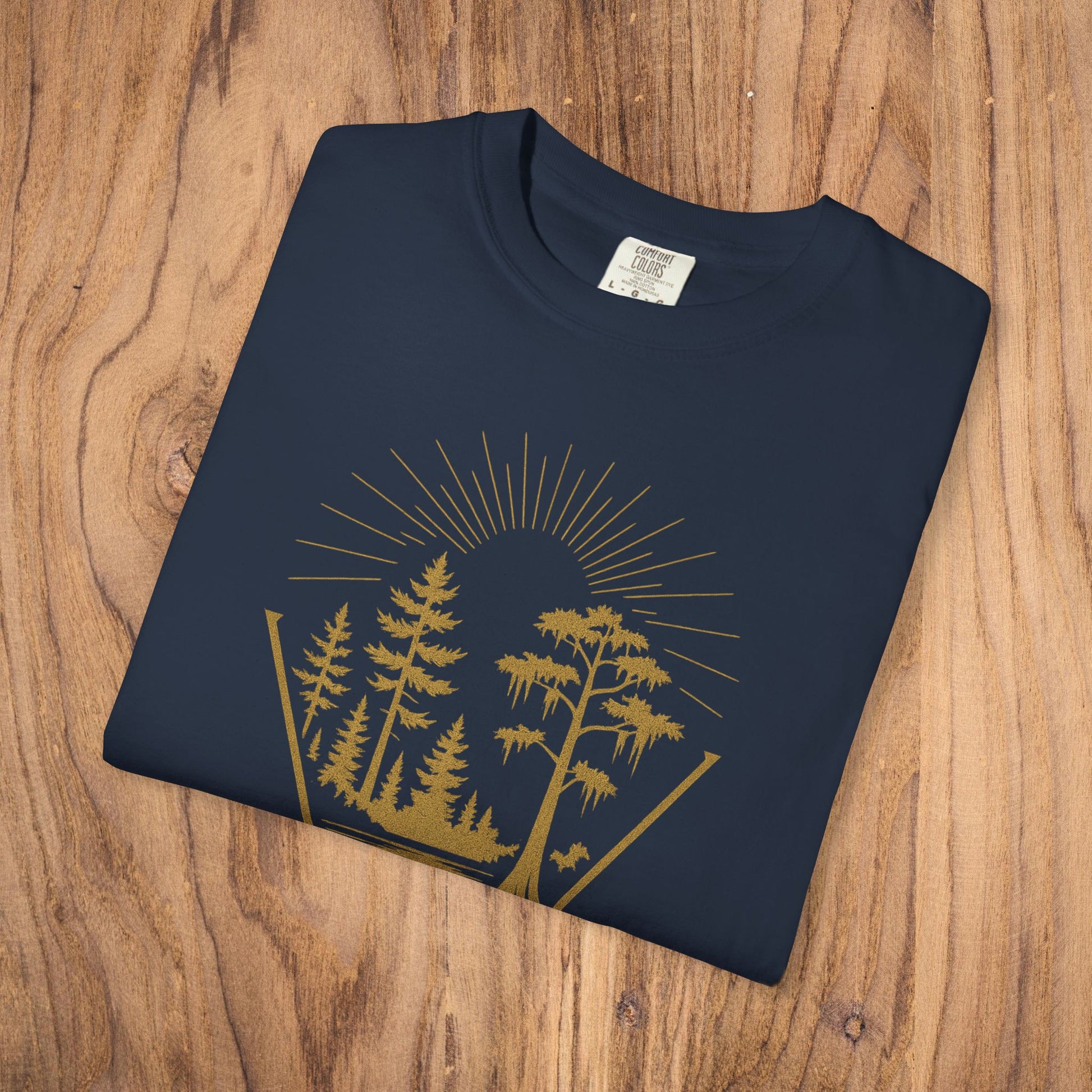 Nature Outdoor Vibes Tee - Soft 100% US Cotton in navy color with a stylish forest graphic design, showcasing seamless comfort and durable design.