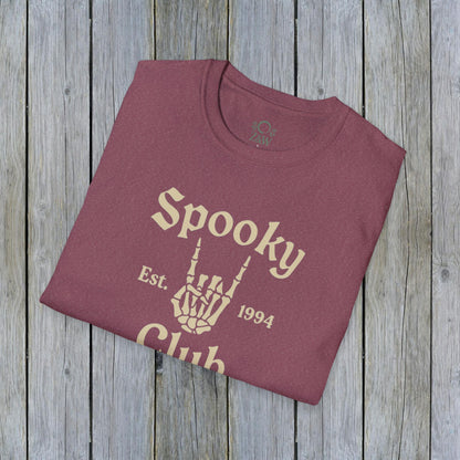 Unisex Spooky Club Tee in burgundy, displaying a skeleton hand graphic alongside 'Spooky Club Est. 1994' wording, designed with soft and durable 100% cotton.
