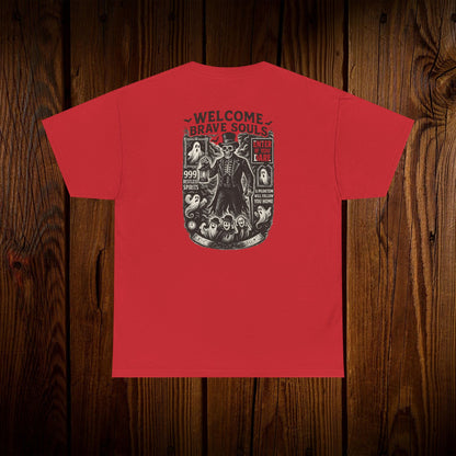 Spooky Halloween Graphic Tee - Unisex Cotton Shirt in vibrant red with an intricate skull and ghost design, ideal for casual Halloween outings.