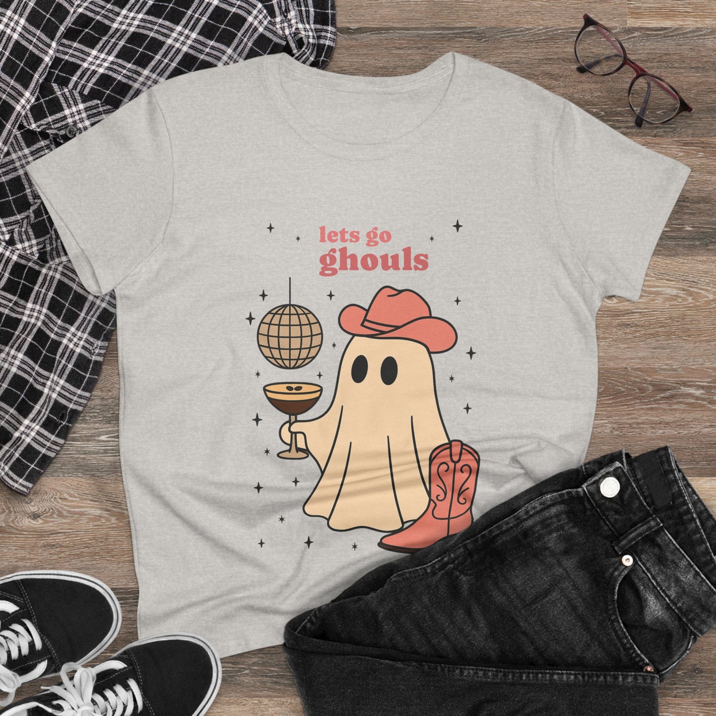 Let's Go Ghouls Tee in gray displaying a playful ghost with a hat and drink, suitable for Halloween-themed apparel.