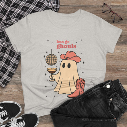 Let's Go Ghouls Tee in gray displaying a playful ghost with a hat and drink, suitable for Halloween-themed apparel.
