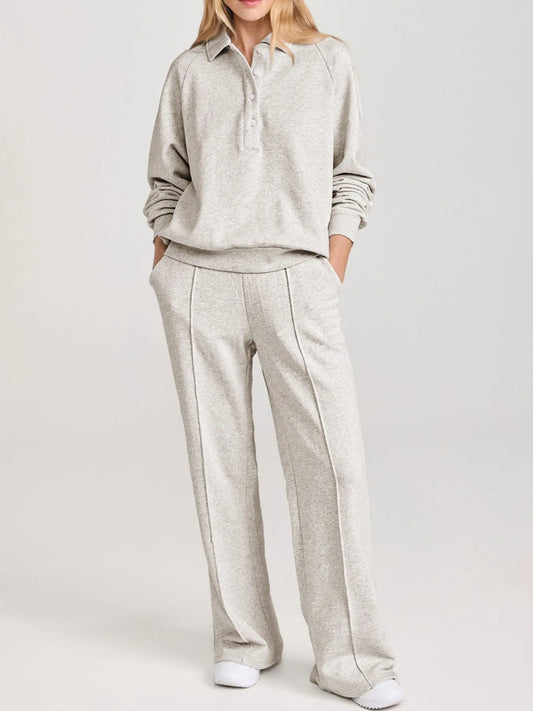 Trendsi Collared Sweatshirt & High Waist Pants Two-Piece Active Set - Soft Cotton Blend. Model showcasing the stylish sweatshirt and comfy wide-leg pants.