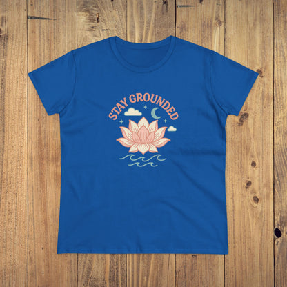 Stay Grounded Spiritual Tee - Vibrant blue crop top with a lotus flower design, perfect for festivals and casual outings.