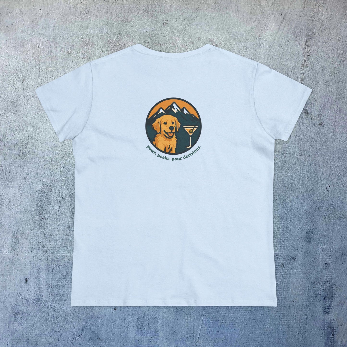 Unisex Dog Lover T-Shirt - 100% Cotton Soft Short Sleeve Tee featuring a cute design of a golden retriever against mountain peaks, perfect for casual comfort.