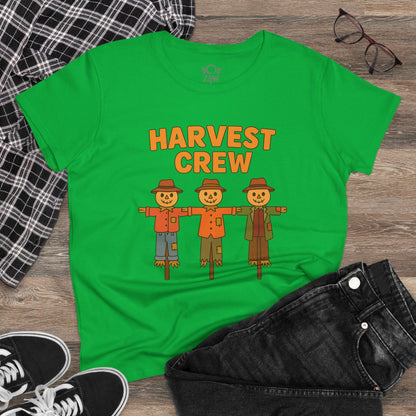 Stylish green Harvest Crew Halloween T-Shirt with playful scarecrow graphics, crafted from eco-friendly 100% ring-spun cotton for comfort and style.