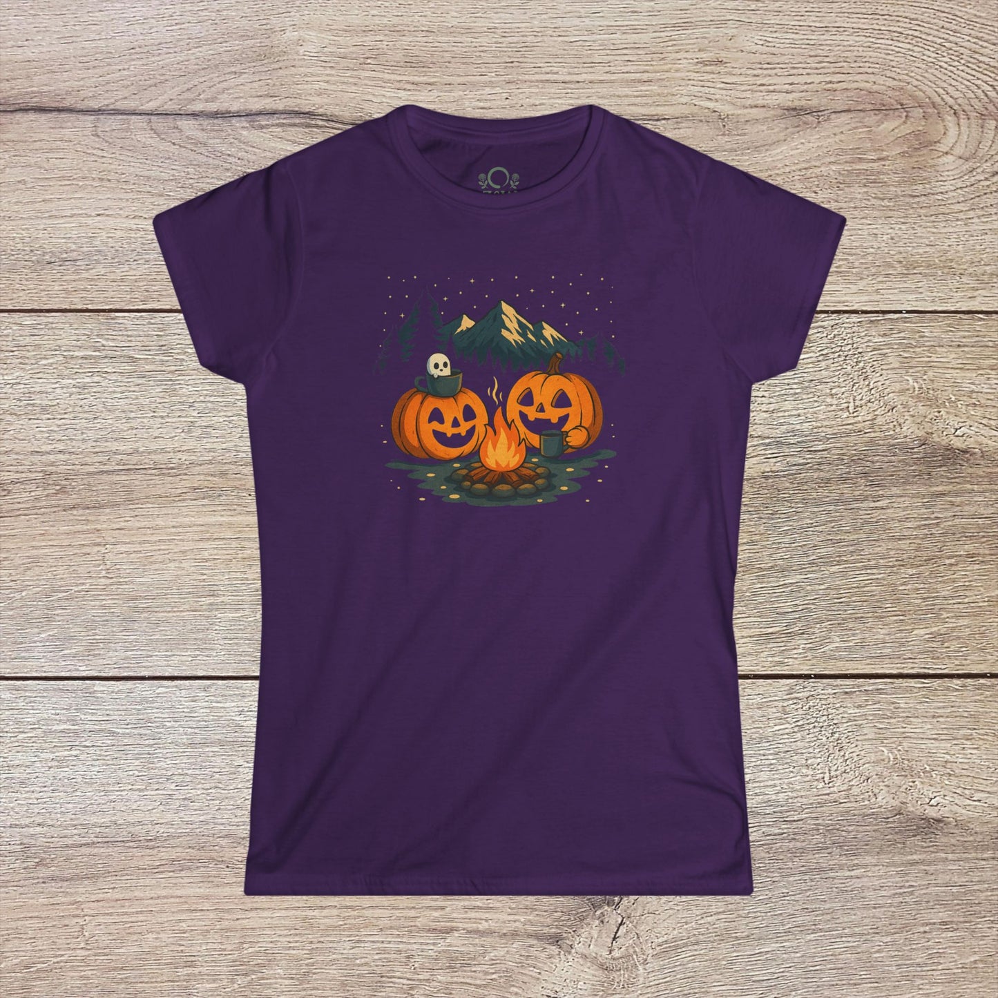 Fall Pumpkin Campfire T-Shirt in deep purple, featuring a campfire surrounded by whimsical pumpkins, perfect for Halloween, vintage unisex style, offered in sizes S-4XL.