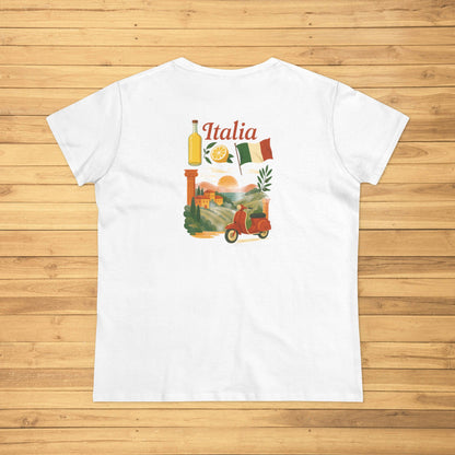 Back of the white Unisex Ultra Cotton Tee with Italian Heritage Design displaying a vibrant illustration of Italy including iconic symbols, perfect for casual adventures.