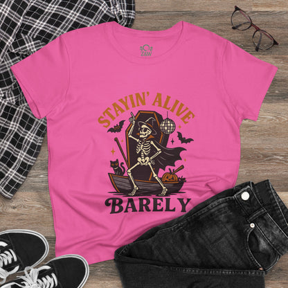 Stylish image of the Stayin’ Alive T-Shirt showing off a skeleton motif in a pink hue, ideal for casual wear and festive celebrations.