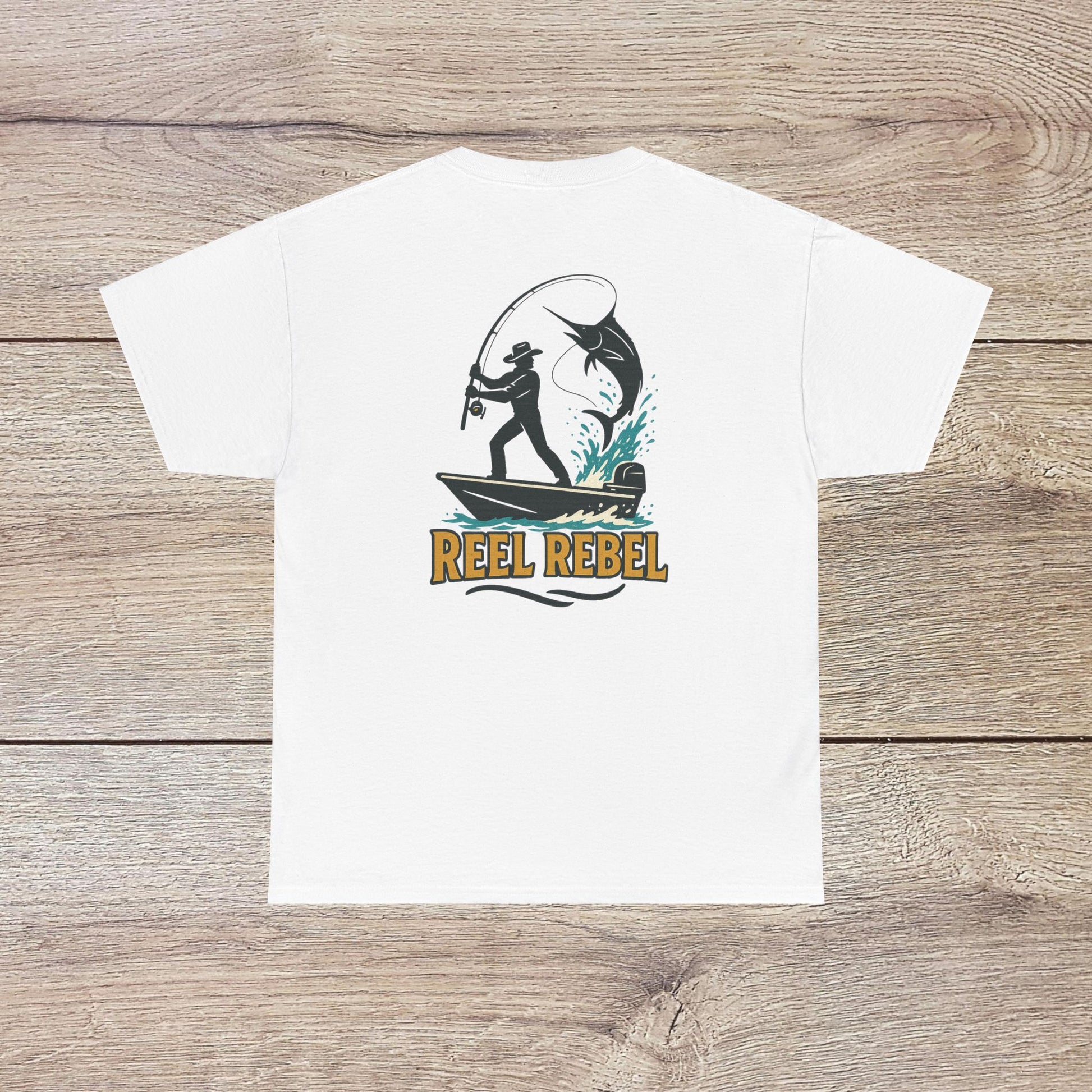 Fishing Adventure Tee in white color featuring 'REEL REBEL' design. Perfect unisex heavy cotton shirt for nature lovers and fishing enthusiasts.