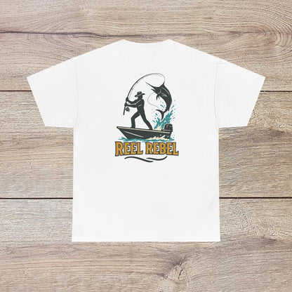Fishing Adventure Tee in white color featuring 'REEL REBEL' design. Perfect unisex heavy cotton shirt for nature lovers and fishing enthusiasts.