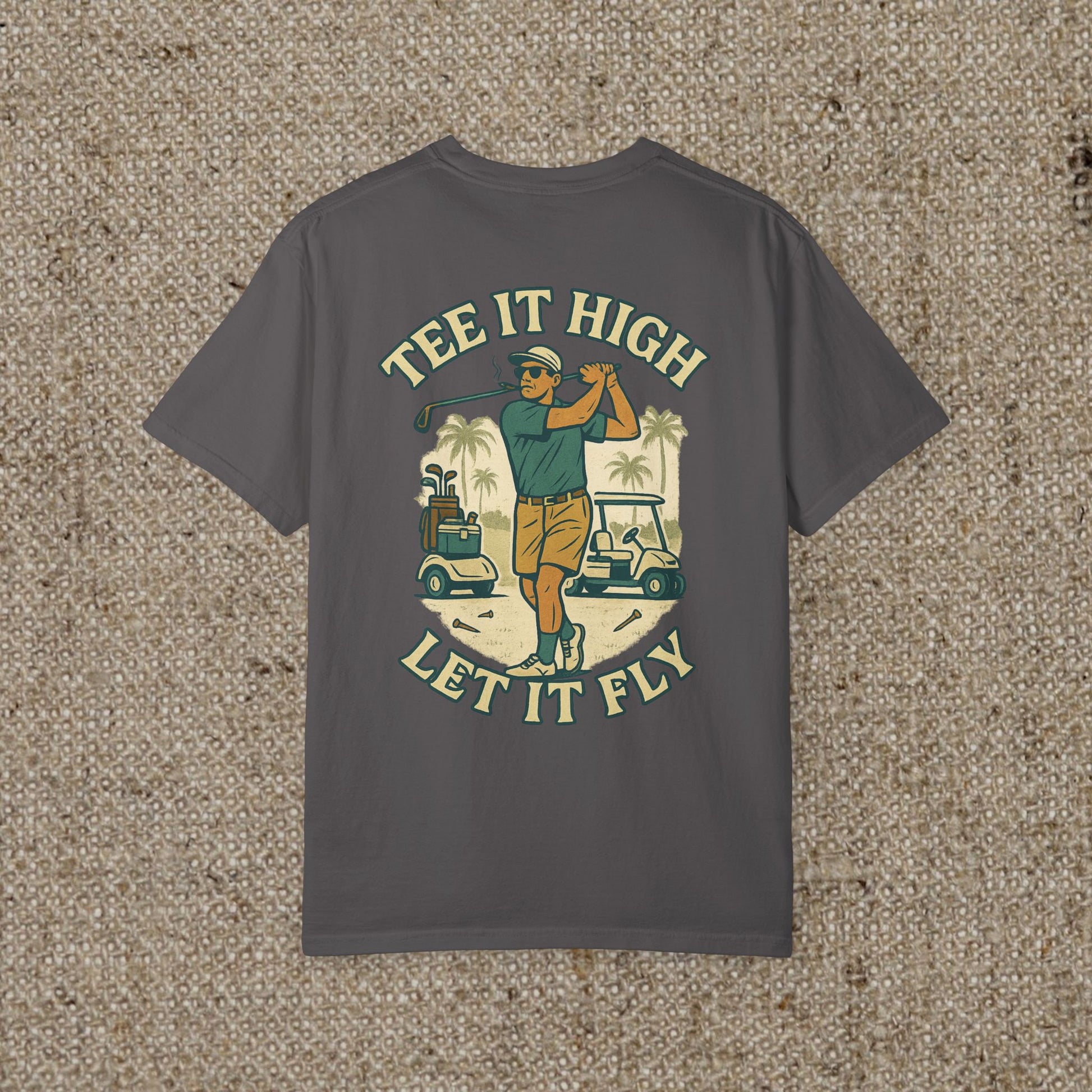 Tee It High Let It Fly Graphic Tee in charcoal color, showcasing a golfer on the back; ideal for casual wear and golf lovers.