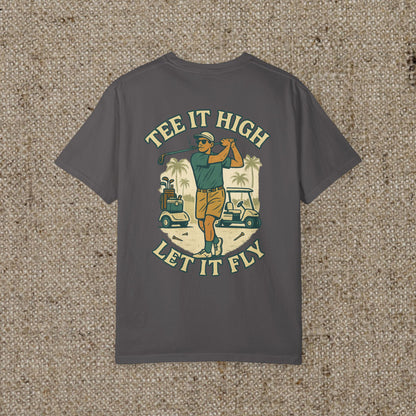 Tee It High Let It Fly Graphic Tee in charcoal color, showcasing a golfer on the back; ideal for casual wear and golf lovers.