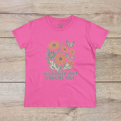 Wildflower Spirit Cotton Tee in a bright pink shade, complete with floral graphics and 'WILDFLOWER SPIRIT, COWGIRL SOUL' text - a trendy addition to any wardrobe.