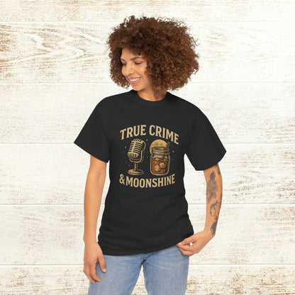 True Crime & Moonshine Unisex Graphic Tee - Vintage Casual Wear for True Crime Lovers, worn by a model in a relaxed pose, showcasing the playful design featuring a microphone and a jar of moonshine.