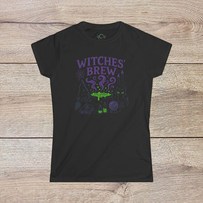 Witches' Brew Halloween T-Shirt in black showcasing a spooky and colorful graphic of a cauldron, magical elements, and a cat, crafted from eco-friendly cotton for comfort and style.
