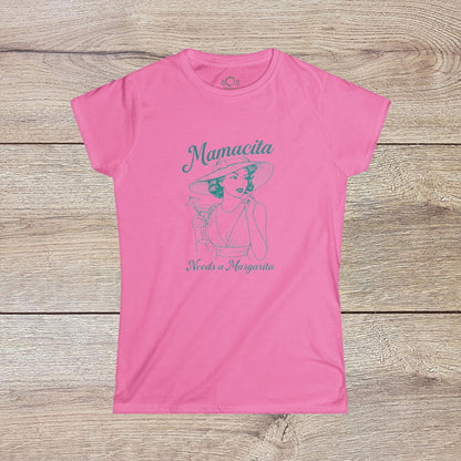Mamacita Margarita Cotton Tee in pink, presenting a fun illustration of a woman with a margarita, emphasizing its eco-friendly, soft material and stylish look.