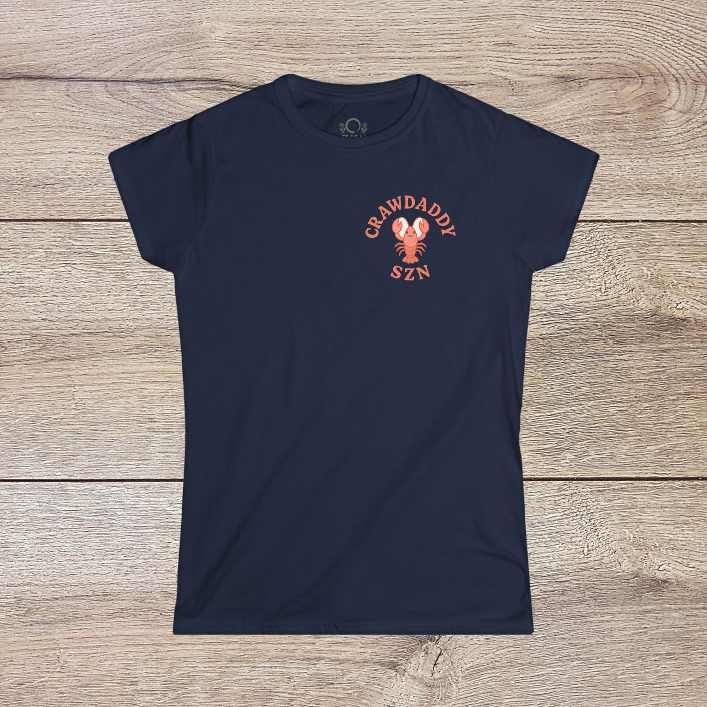 Crawfish Boil Shirt for Women in navy blue, with 'CRAWDADDY SZN' printed design, great for summer gatherings and seafood festivities. Stylish and comfortable for a relaxed look.