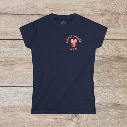 Crawfish Boil Shirt for Women in navy blue, with 'CRAWDADDY SZN' printed design, great for summer gatherings and seafood festivities. Stylish and comfortable for a relaxed look.