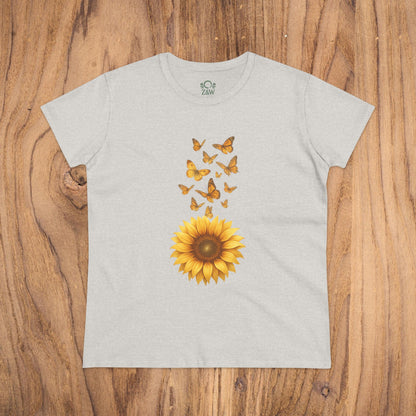 Sunflower & Butterflies Cotton Tee for Women - Soft cotton tee in light gray featuring a vibrant sunflower and fluttering butterflies design. Perfect for casual wear.