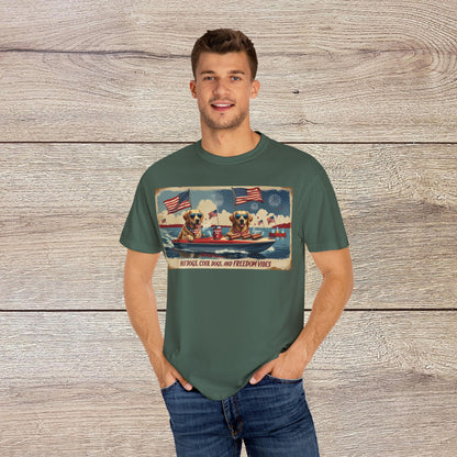 Men's Golden Tee: Comfortable cotton t-shirt modeled by a man, displaying a fun dog illustration on a boat, ideal for casual summer attire.