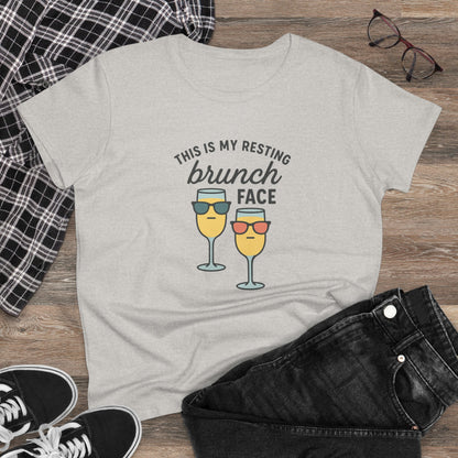 Women's Premium 100% Cotton Brunch Face Tee with a fun graphic of two champagne glasses wearing sunglasses, perfect for brunch lovers.
