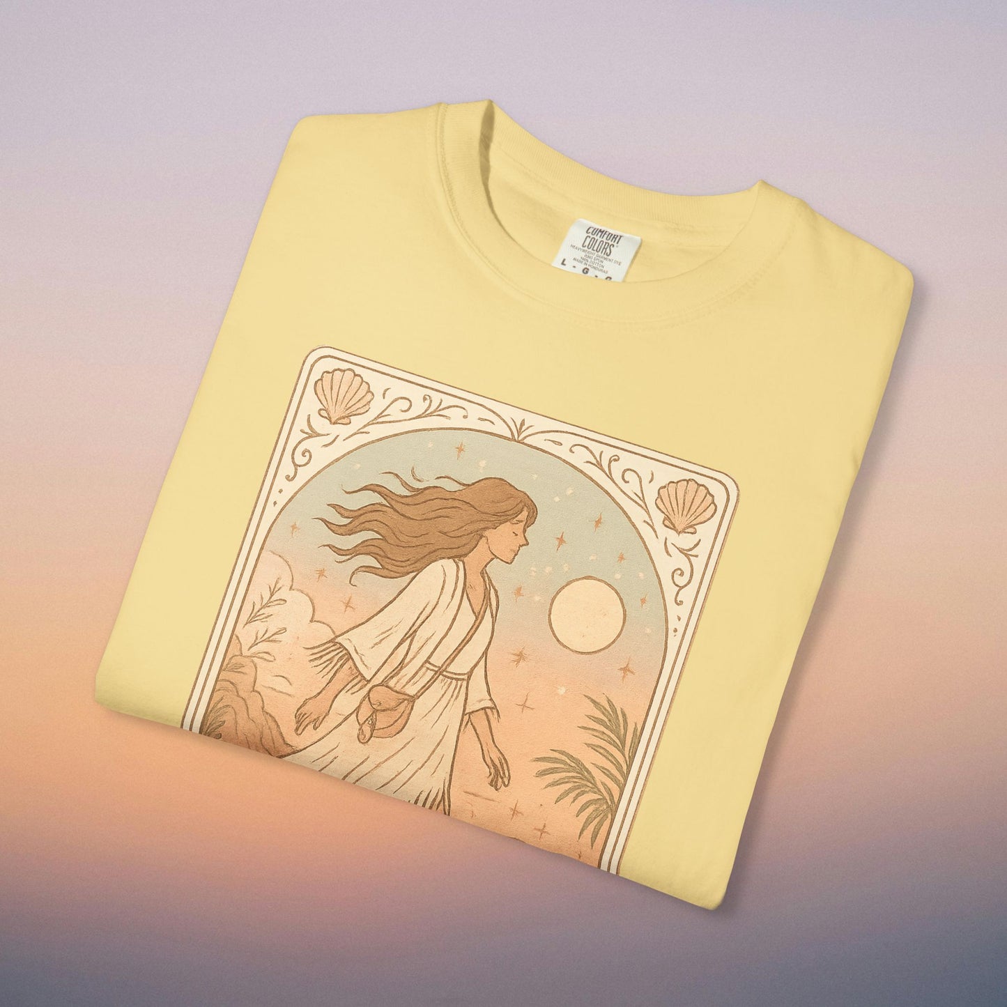 Wanderer Tarot Graphic Tee in cheerful yellow color, highlighting a unique illustration of a woman exploring nature, ethically made with 100% cotton in a range of sizes from S to 4XL.