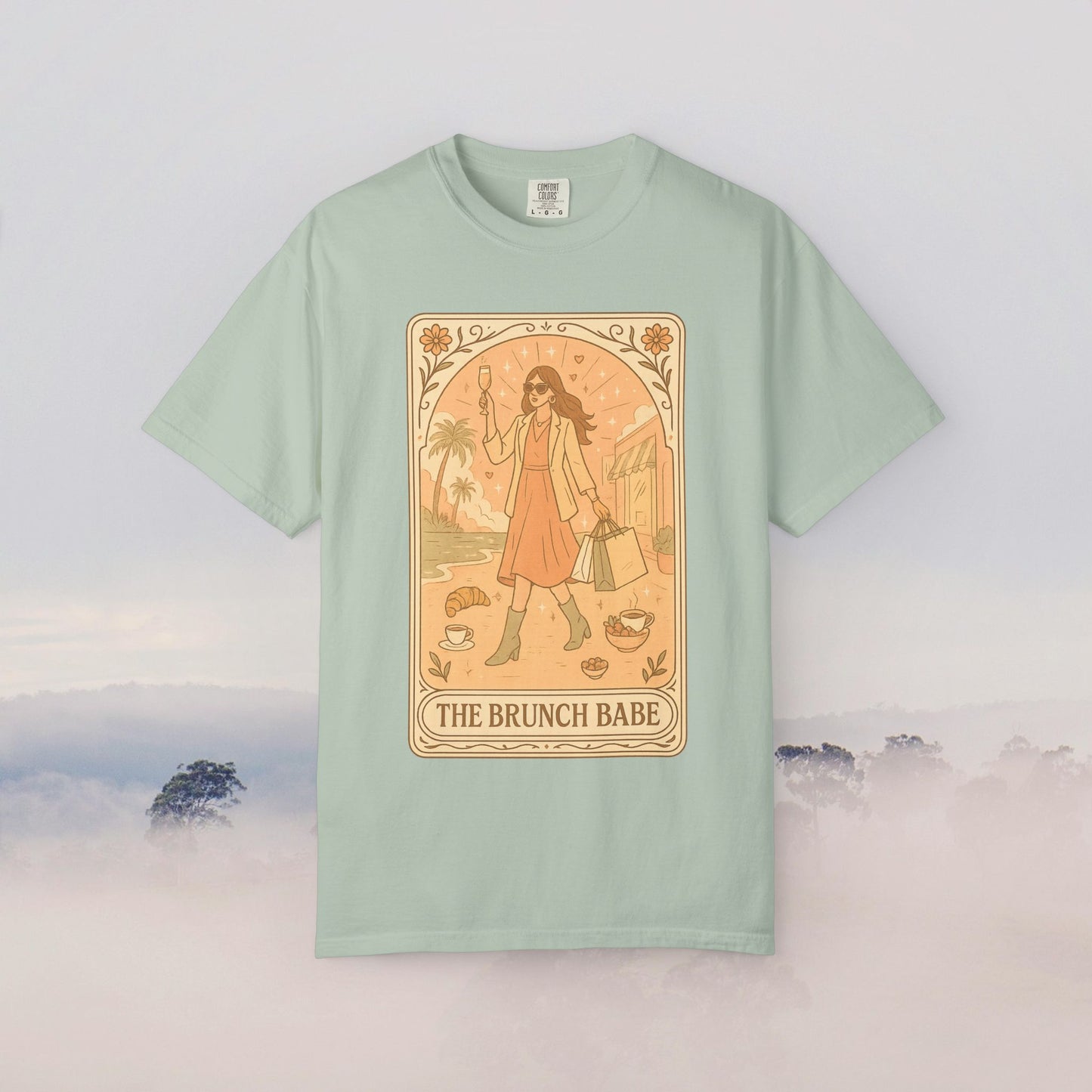 Brunch Babe Tarot Graphic Tee in mint, made from 100% cotton, featuring eye-catching design, ideal for casual styles, available in a range of sizes S-4XL.
