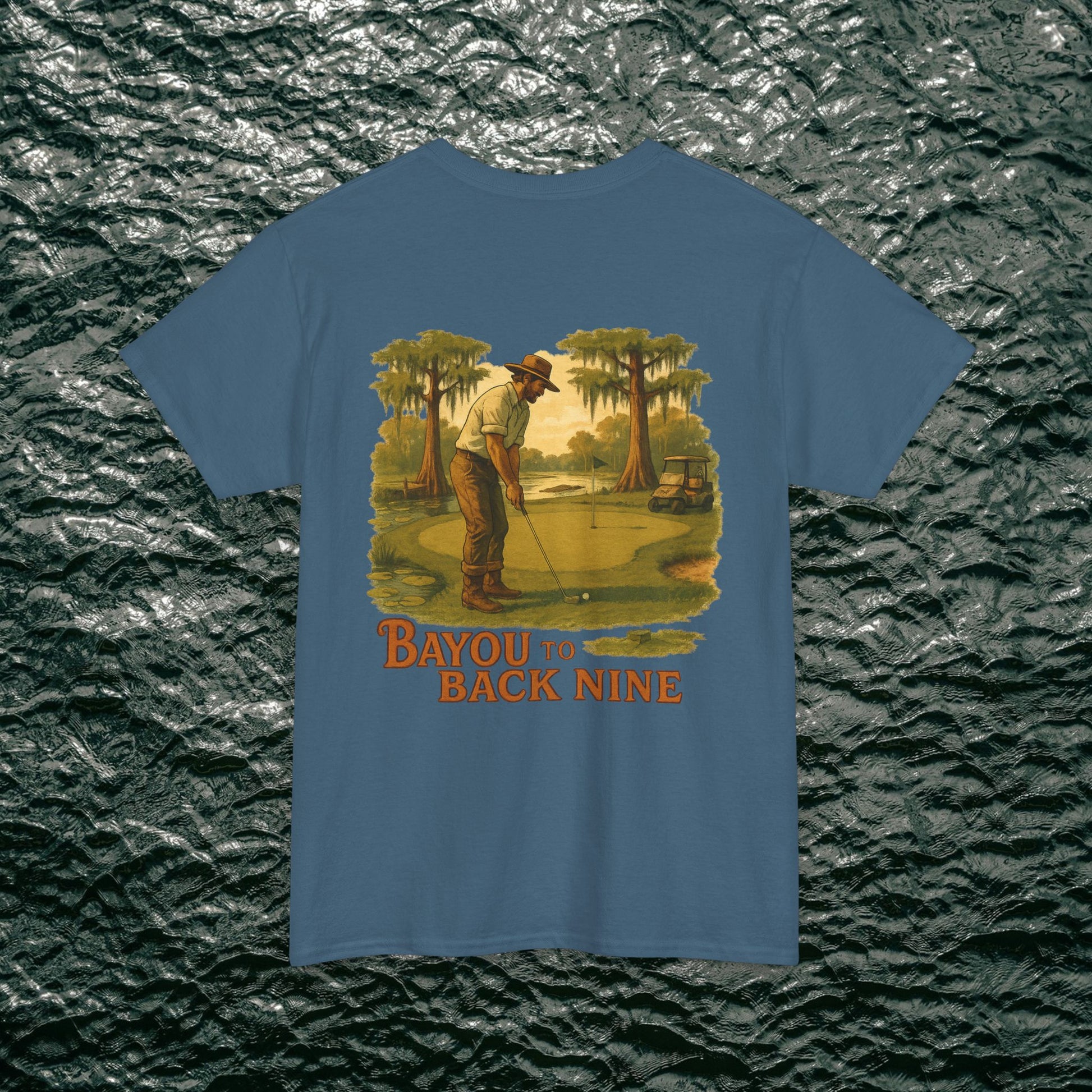 'Bayou To Back Nine' Softstyle Golf Tee presenting an artistic golfer print, a must-have for golf enthusiasts and casual wear.