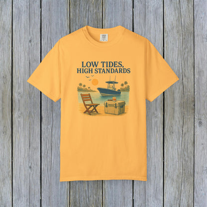 Garment-Dyed Low Tides High Standards T-Shirt in yellow, featuring vibrant graphics of a boat and chair set against a beach backdrop, perfect for summer days.