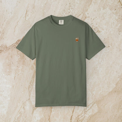 Golden Whiskey Dog Tee in olive green color, featuring a unique vintage style, 100% cotton fabric, relaxed fit, and a left chest pocket.