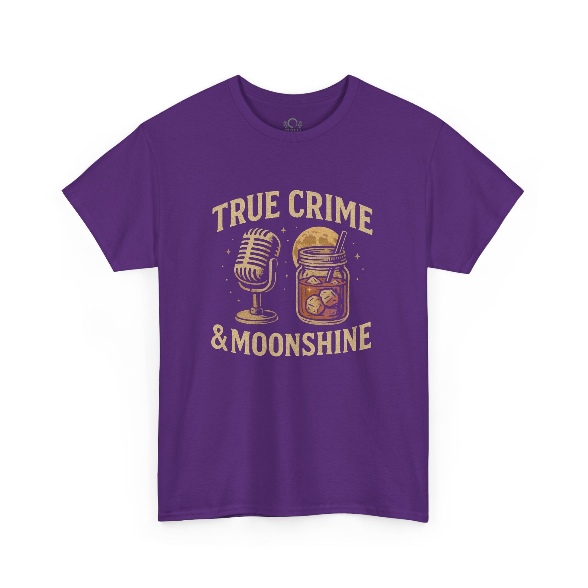 Front view of True Crime & Moonshine Unisex Graphic Tee in purple featuring a vintage design with a microphone and moonshine jar, ideal for true crime enthusiasts.