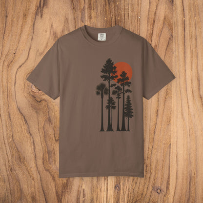 Sunset Trees Unisex T-Shirt in brown - Soft 100% Cotton, Garment-Dyed, available in sizes S to 4XL.