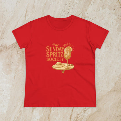 Bold red Women's Midweight Cotton Tee showcasing 'The Sunday Spritz Society' print, a perfect choice for relaxed summer days.