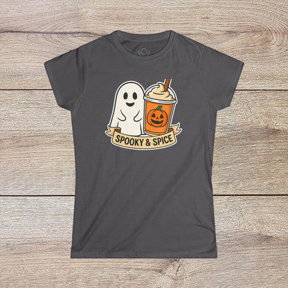 Spooky And Spice Ghost Graphic Tee in dark gray with a playful ghost and pumpkin spice latte graphic, an excellent choice for Halloween fun and everyday comfort.