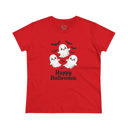 Cute Halloween Ghost T-Shirt for Kids & Adults in vibrant red color featuring playful ghosts and bats, perfect for spooky celebrations.