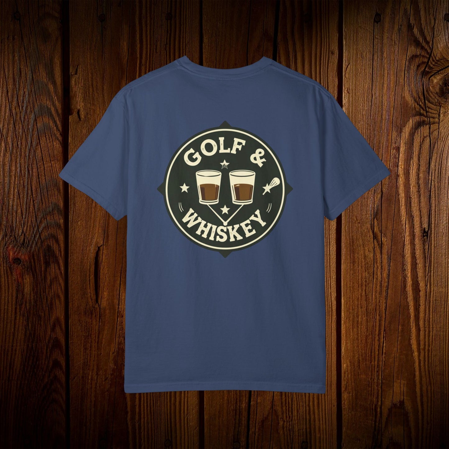 Back view of the Men's Golf & Whiskey Tee showcasing a charming logo with two whiskey glasses, perfect for golf enthusiasts who love unique, soft cotton apparel.
