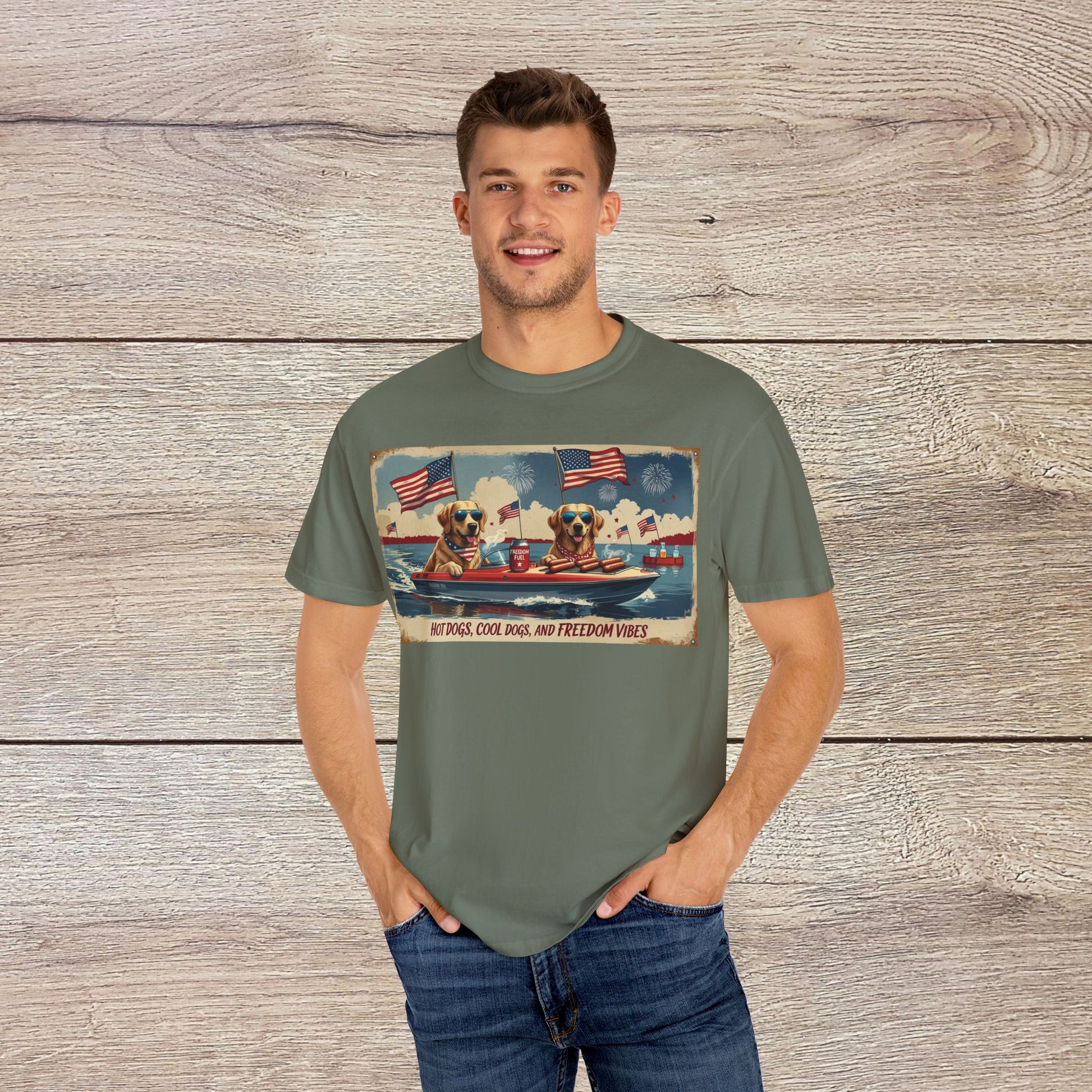 Another front view of the Men's Golden Tee, featuring a stylish cotton t-shirt with a fun dog illustration, suitable for casual outings and summer events.