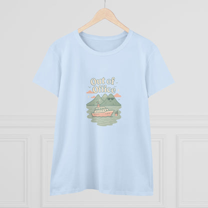 Out Of Office Cruise Tee in light blue showcasing a charming graphic of a cruise ship among mountains and clouds, perfect for layering in warmer climates.