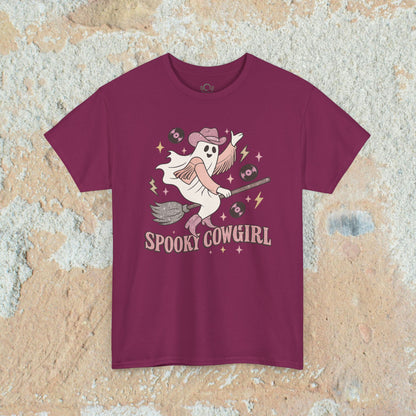 Spooky Cowgirl Graphic Tee in burgundy color, depicting a whimsical ghost with a cowboy hat, great for casual outings and Halloween celebrations.