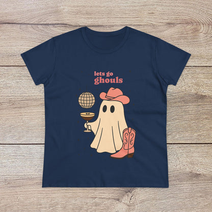 Let's Go Ghouls Tee in navy blue displaying a friendly ghost in a cowboy hat and boots, great for adding a whimsical touch to your Halloween wardrobe.
