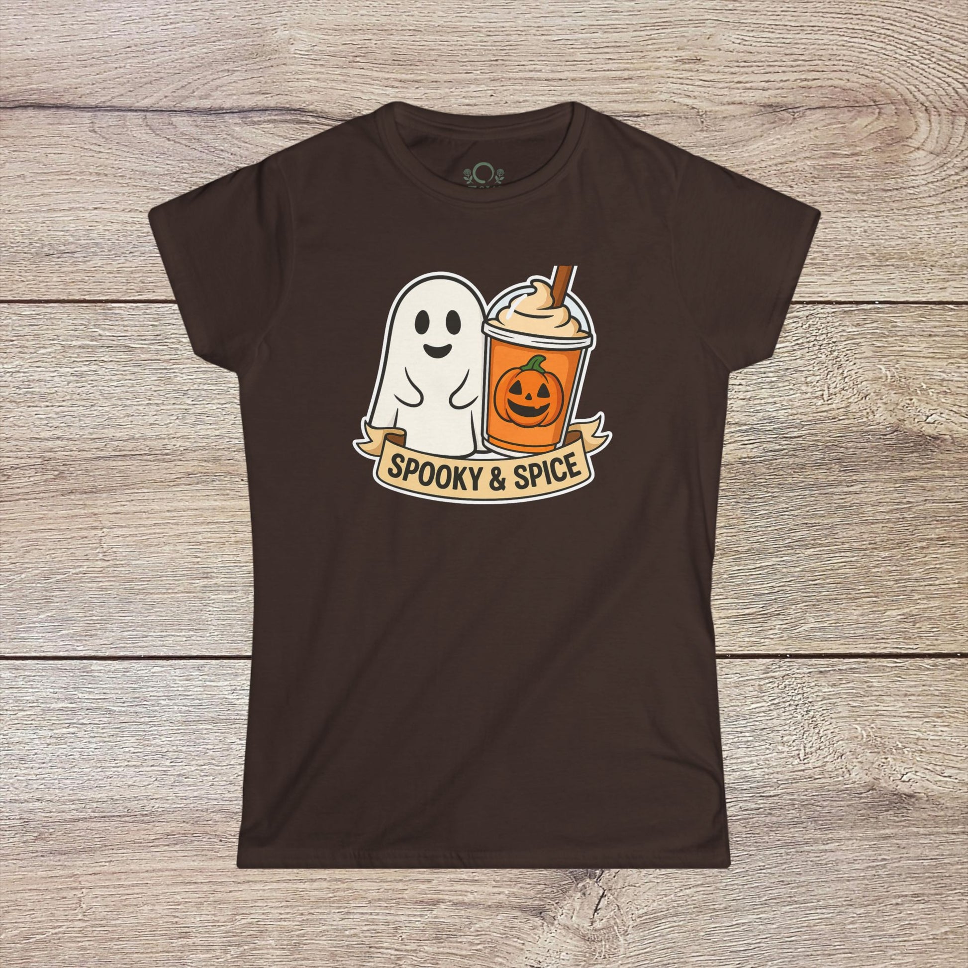 Spooky And Spice Ghost Graphic Tee featuring a cute ghost next to a pumpkin spice drink, made from soft, lightweight, ethically sourced fabric, perfect for year-round wear.