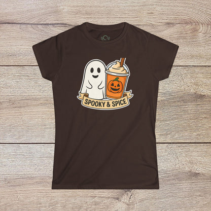 Spooky And Spice Ghost Graphic Tee featuring a cute ghost next to a pumpkin spice drink, made from soft, lightweight, ethically sourced fabric, perfect for year-round wear.