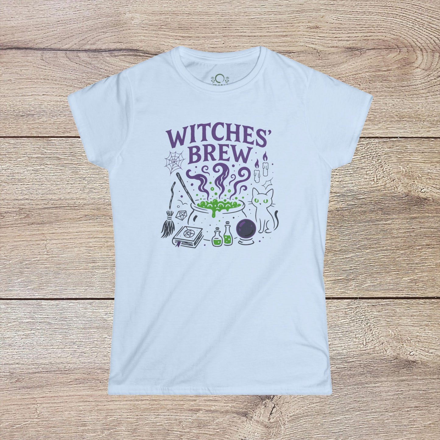 Witches' Brew Halloween T-Shirt in white color with an eye-catching print featuring Halloween-themed illustrations and a cute cat, perfect for eco-friendly celebrations.