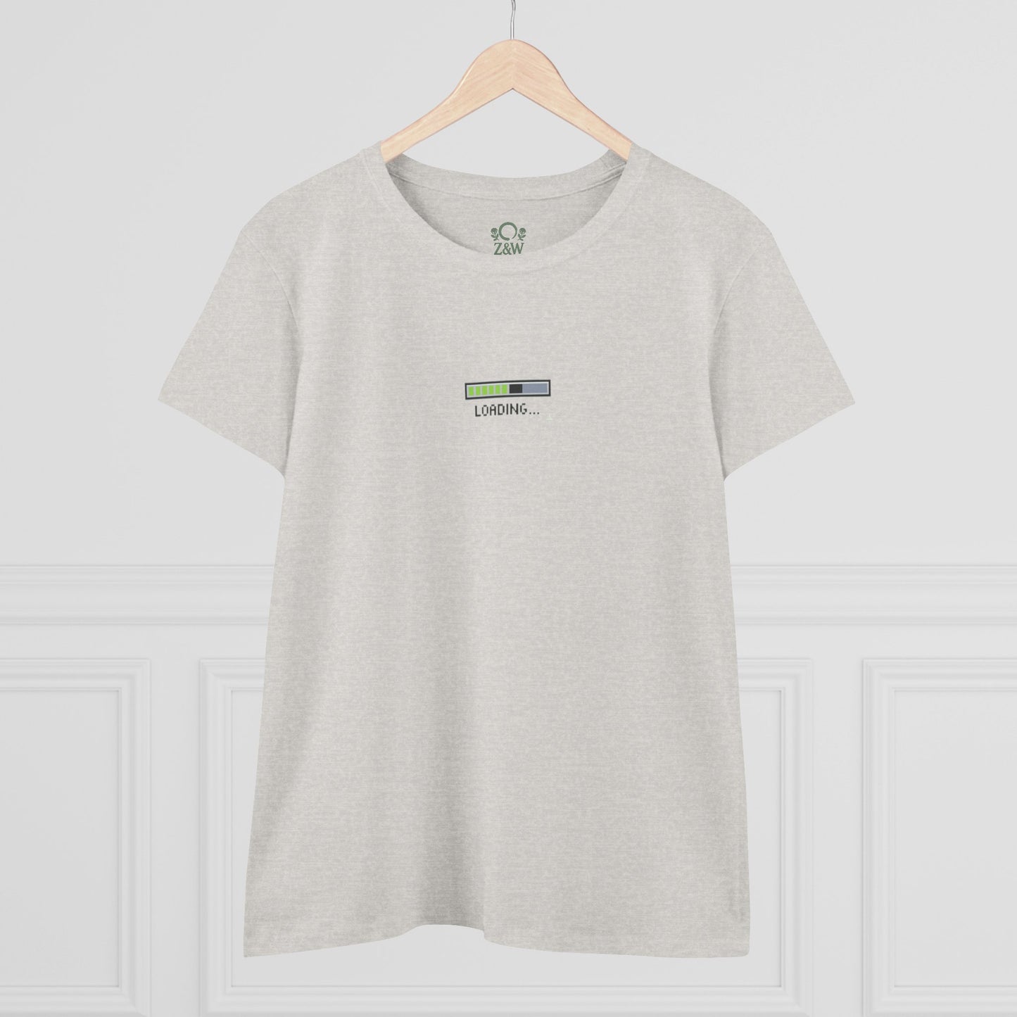 Front view of the light-colored 404 Y2K Graphic T-Shirt featuring a subtle 'Loading...' graphic. A versatile addition to both casual and trendy outfits.